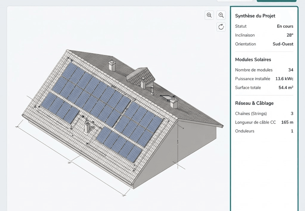 Vue 3D du calepinage d'une toiture dans PVOS Pro