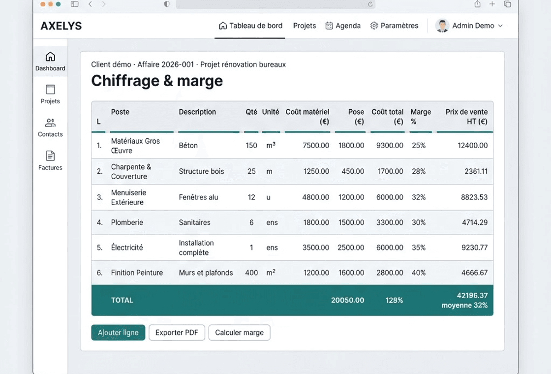Aperçu du module Chiffrage & marge de PVOS Pro