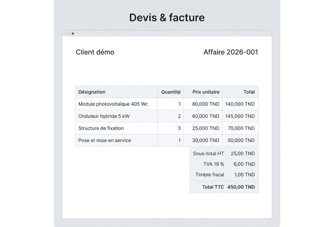Aperçu du module Devis & facture de PVOS Pro